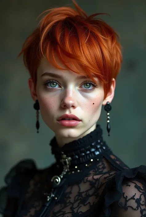 Vue densemble dune jeune femme de 27 ans, with a very pale complexion, redhead, With half-short hair cut above the shoulders and styled in battle, ayant des yeux couleur noisette, The thin face and the cheeks slightly hollowed, dressed in gothic 