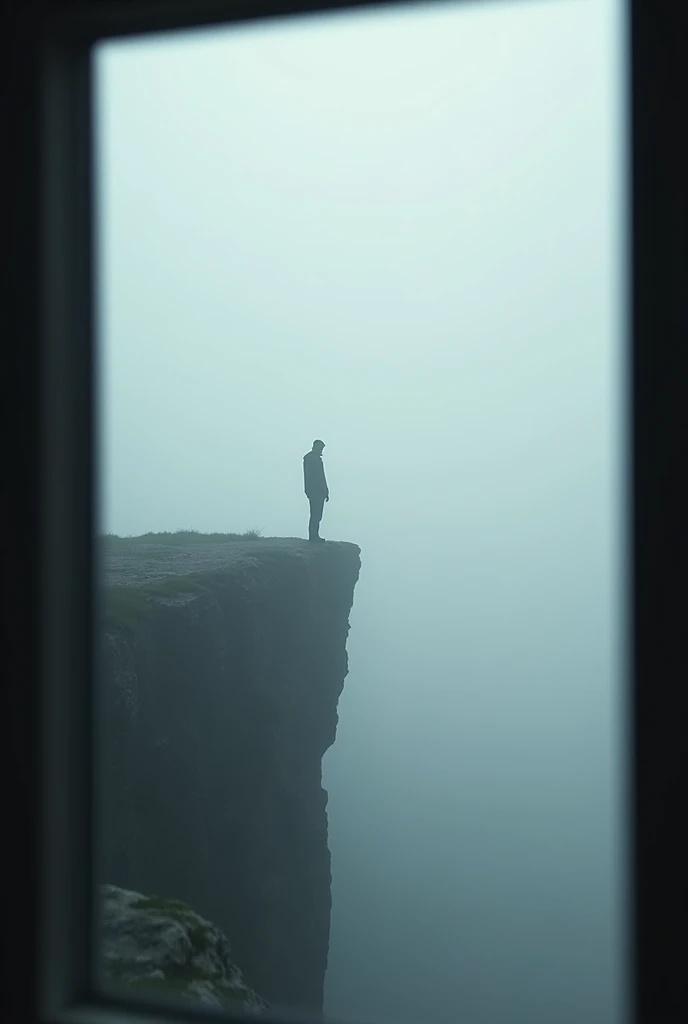 From a low window view, it is possible to see a man on the edge of a cliff in the distance. The man is in the fog and very far from the window