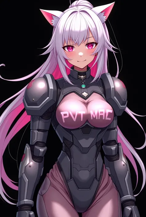 Pitch black background, adult anime girl with long white hair and pink highlights in a ponytail, along with cat ears. Standing in a playful, confident pose. She wears T-60 power armor. Big chest, and a dog collar with dog tags. Exuding charm and cuteness. ...