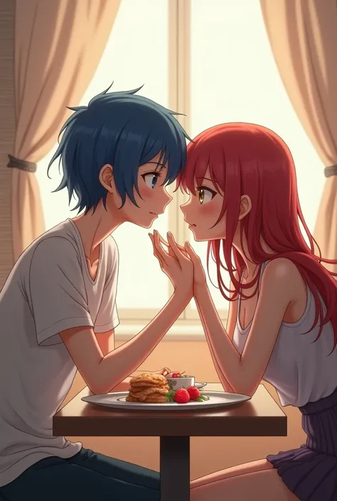 anime man with shoulder length blue hair, too skinny eating with an red haired waifu 
