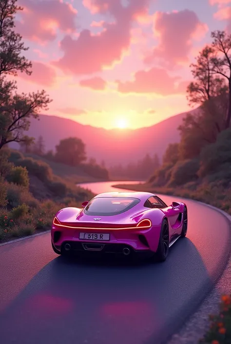  I would like to create an image with a modern pink and purple car on the road at sunset, Have the name spelled  "Go straight on" On top of the car.   A feminine and delicate idea .