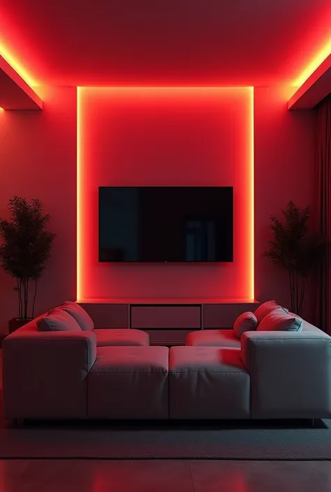 Create a Stream ,  spot with soccer interior design , without plants, that is modern.  mens.  With red LED light and that has a sofa pointing to a single TV. without people.  Vertical orientation and format  