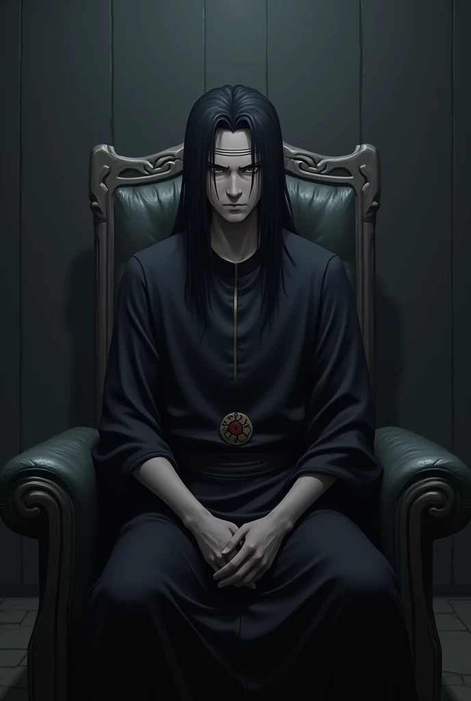 Itachi uchiha Sitting in chair and style Face Serious