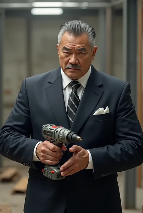  classy Japanese man wearing a tie and suit, installer with electric drill ,Wrestler physique ,50 years old,,
