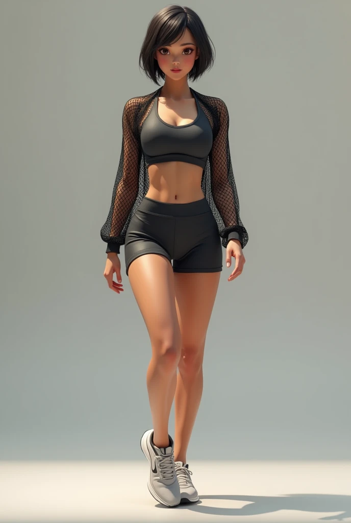 Fitness girl with sport clothes and fishnet shirt walking towards the camera, front view, looking at viewer, short hair, asían, Big legs, small waist Big hips 