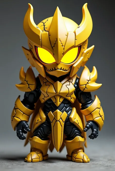 An Umbrax collectible chibi doll ,  shown completely from the front in a fixed and dominant pose . . Its armor is predominantly yellow ,  with striking details in white and black that are integrated to reinforce its imposing and terrifying presence.  The a...