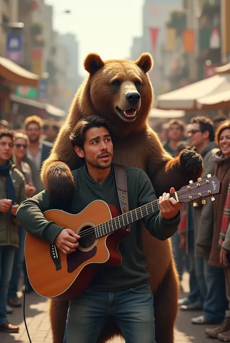 It generates an image of a 21-year-old boy who is very embarrassed because he is playing the guitar very badly and many people laughing at him and a bear playing the guitar much better 
Make the boy look older