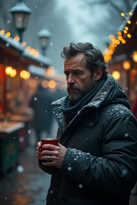 a lonely man standing in a grey christmas market, drinking mulled wine, winter scenery, snow falling, christmas lights, cozy atmosphere, detailed face and expression, cinematic lighting, moody and atmospheric, muted color palette, intricate details, photor...