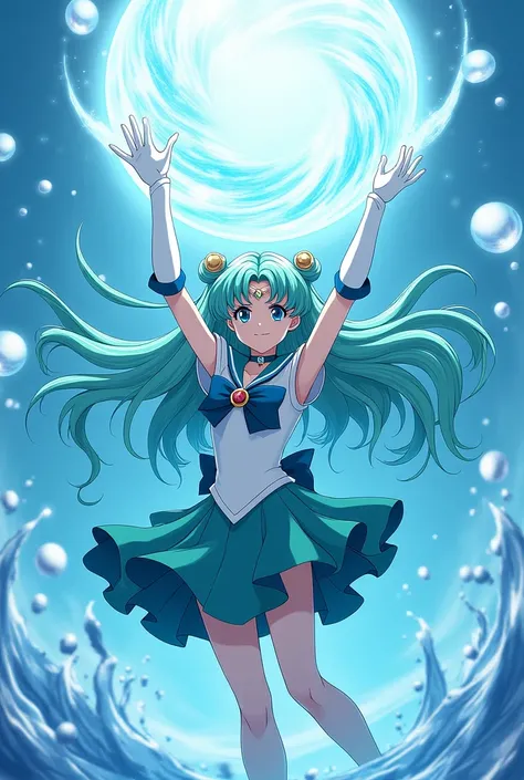 Make me an image of Sailor Neptune, a young adult from the anime Sailor Moon with long hair up to her wavy neck, wearing her aquamarine green scout dress with a bow on her chest, long white gloves and with her arms raised upwards and in her hands she has a...