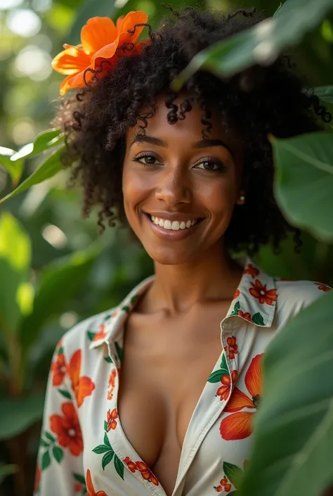  A Brazilian woman in a lush tropical garden,  wearing an open shirt with floral print ,  with a close up capturing the harmonious beauty between her breasts and natural flowers,  showing your natural charm and outgoing personality.