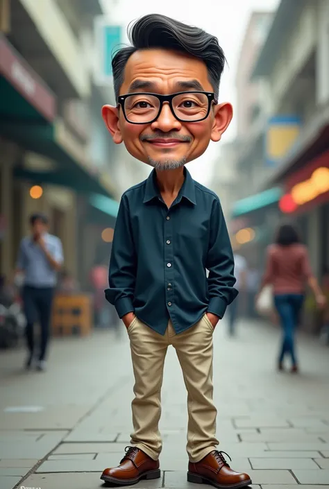 Caricature 4D. Indonesian men .40 years old. short haired. wearing glasses .  mamakai long sleeve shirt dark blue. Cream-colored jeans . leather shoes .  standing facing camera on sidewalk  . realistic focus 