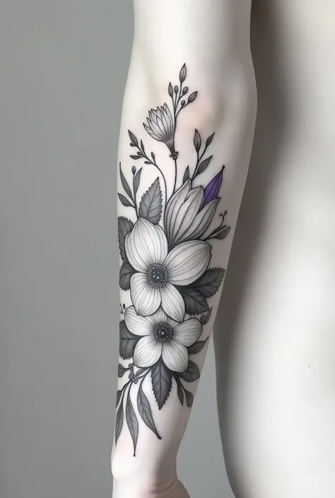 Tatouage manchette qui fait le tour de poignet avec des dessins de fleurs de pivoine fleur de Narcisse et des fleurs violettes et des fleurs de Aster 
Noir et blanc 