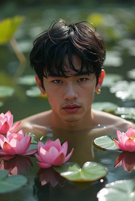  This realistic photo features a young caucasian man with a soft, melancholy expression,  is in the water with a backdrop full of flowers pink and green leaves .  Her wet black hair looks messy but aesthetically pleasing ,  while soft light from the sun cr...