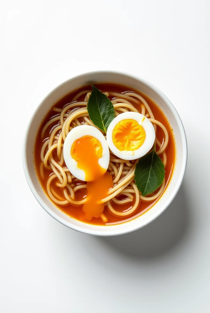  noodle soup .  Seen from above on a white background. With egg split in half 