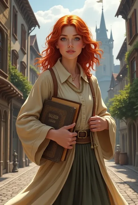 A redheaded woman walking forward with books on her arm on a street with a castle behind her and with a beige crooped 