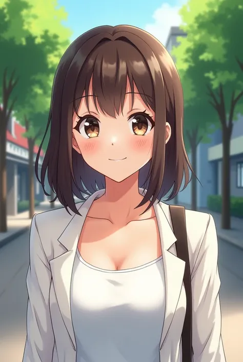 A close view of young anime woman standing outside on the street with trees behind, with shoulder-length brunette hair and dark brown eyes, wearing white office jacket and white tank top with neckline, looking with smile