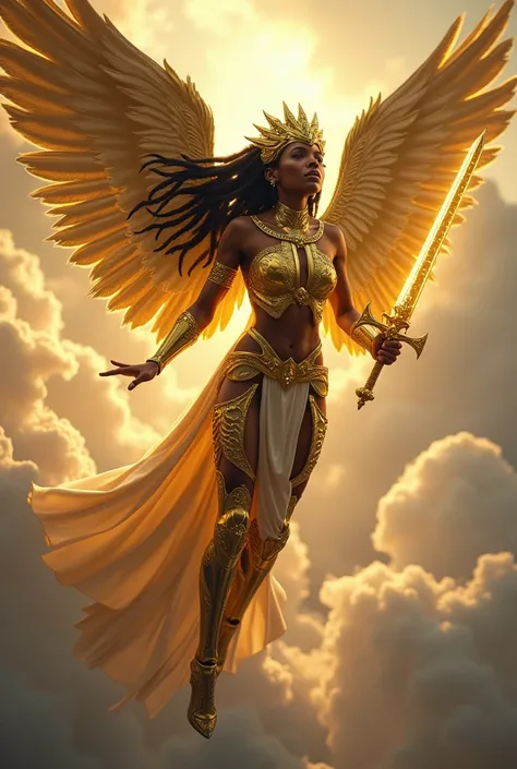 african goddess flying through clouds. she is wearing golden high tech futuristic body armor with gold metal wings. she has one arm extended holding a sword glowing with energy. she has glowing crystals on her body armor. she has long flowing kinky hair lo...