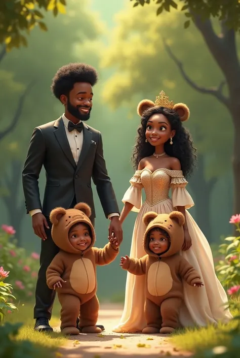 Create a scene with a black couple with two ren, one and a boy, both of them dressed as cuddly bears, and their parents holding hands watching the ren run. I put the mother next to the father in the scene in a queens outfit.  Make the image realistic 