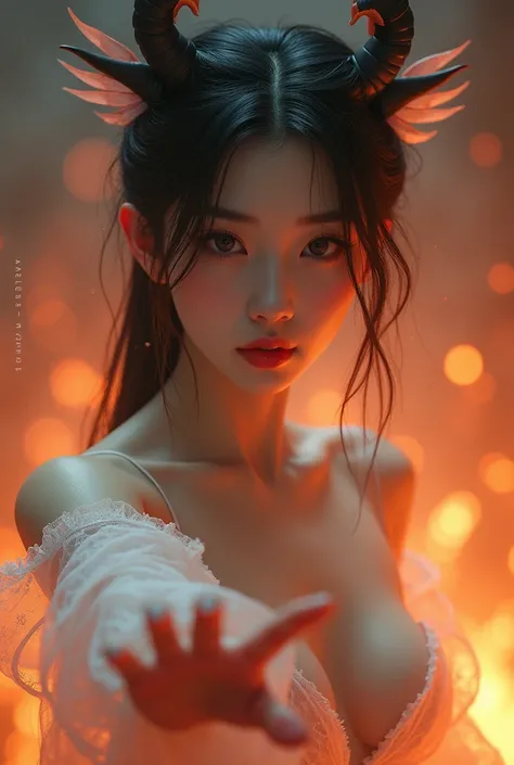 Moonlight channel upscaling studio quality  , 8k, HD,  In the background a sea of flames  ,  very pretty young Korean 20-year-old demon, heart-shaped face , symmetrical bun, with two horns,  two large wings on the back  , Hair accessories, Schmuck, soft fa...