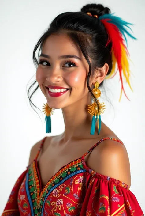 A hyper-realistic studio photograph of a young Latin American woman with distinctive Latin facial features. She is wearing a traditional Latin dress with vibrant, colorful patterns that represent the rich cultural heritage of Latin America. Her hairstyle i...