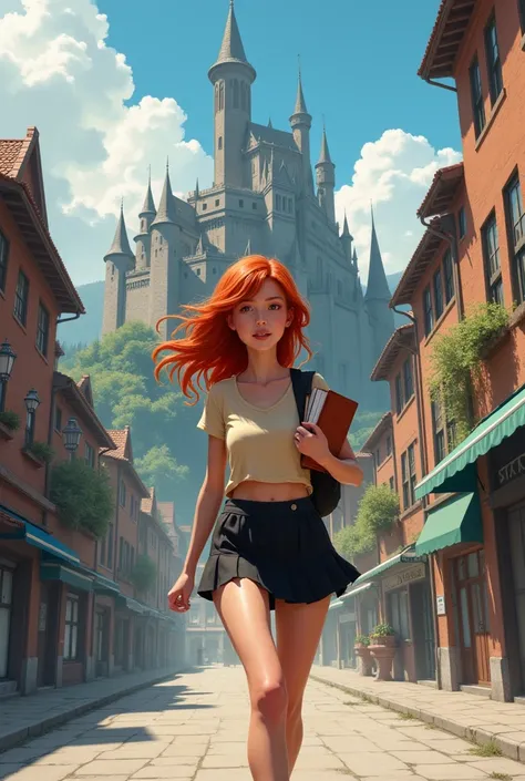 A red-haired teenager walking headlong with books on her arm on a street with a castle behind her and wearing a beige crooped with a short black skirt