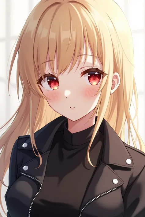 Beautiful anime girl with blonde long hair, red eyes, black blouse, black leather jacket,