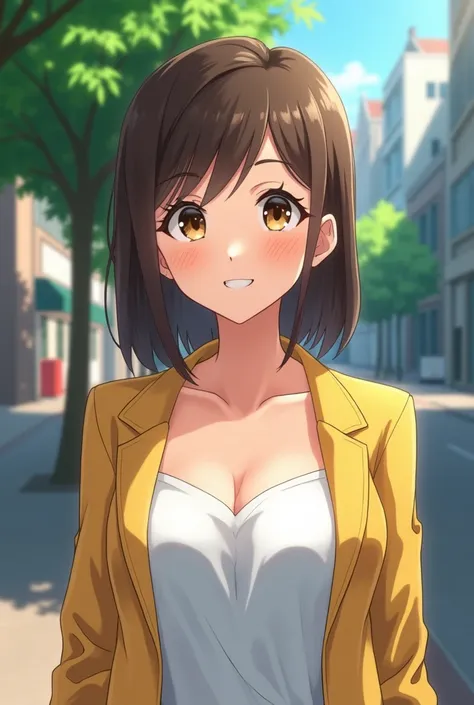 A close view of young anime woman standing outside on the street with trees behind, with shoulder-length brunette hair and dark brown eyes, wearing yellow office jacket and white tank top with neckline, looking with smile