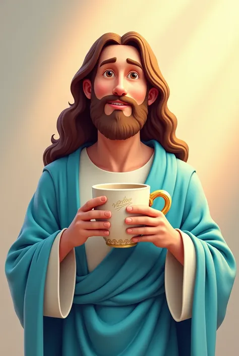 Create an image OF JESUS HOLDING A CUP in cartoon format 