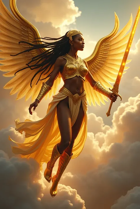 african goddess flying through clouds. she is wearing golden high tech futuristic body armor with gold metal wings. she has one arm extended holding a sword glowing with energy. she has glowing crystals on her body armor. she has long flowing kinky hair lo...