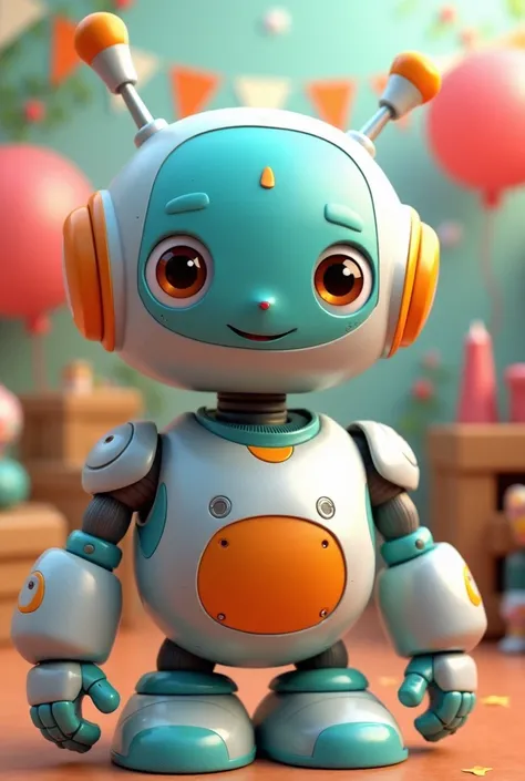 A friendly robot , colorful with metal , silver and light blue and orange.   for a birthday of 4 