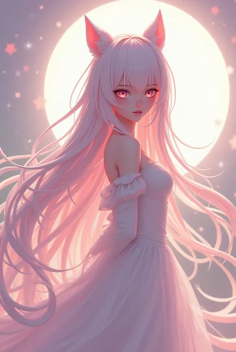 Tall anime girl with long light pinkish white hair and cat ears 