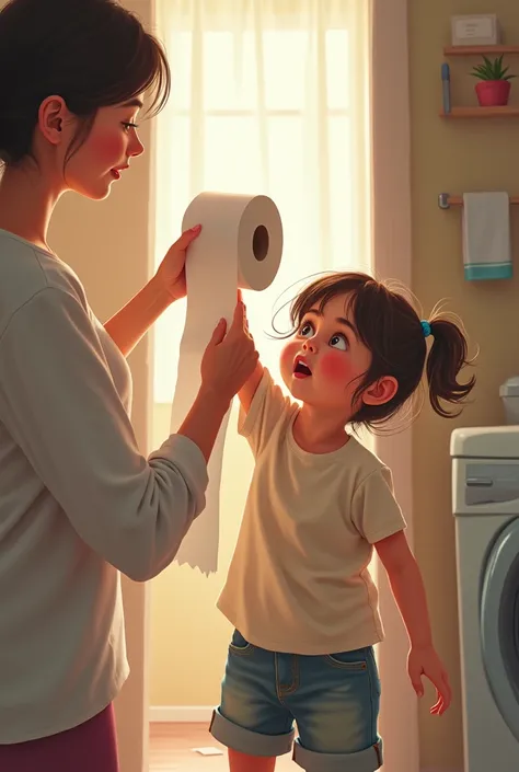 A girl takes toilet paper from her moms hand 