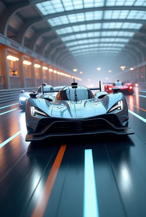 An ultra realistic photo of a Le Mans race car, a futuristic Volvo concept on a magnetic racetrack. 