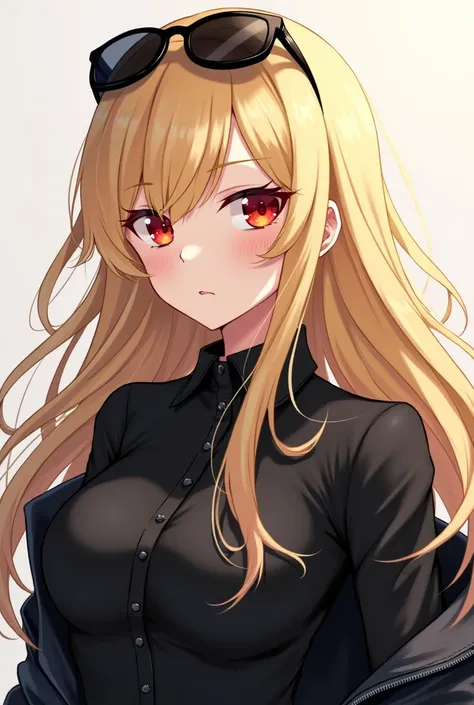 Beautiful anime girl with blonde long hair, red eyes, black sunglasses on head, black blouse, black leather jacket,