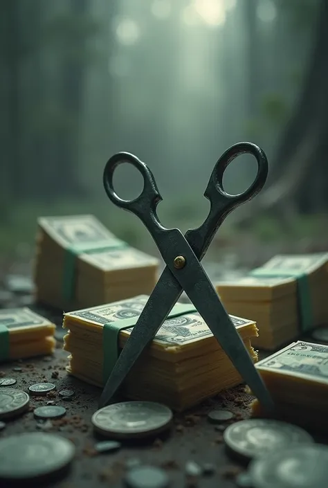 Scissors in front of a money cake background of a dead color 