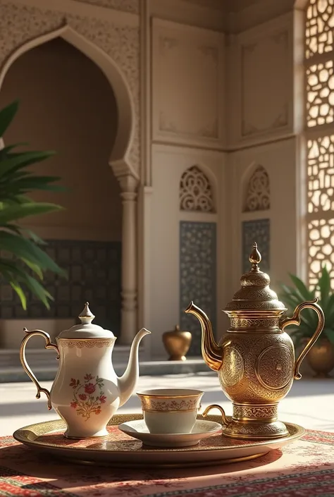 Teapot and samovar with Islamic architecture