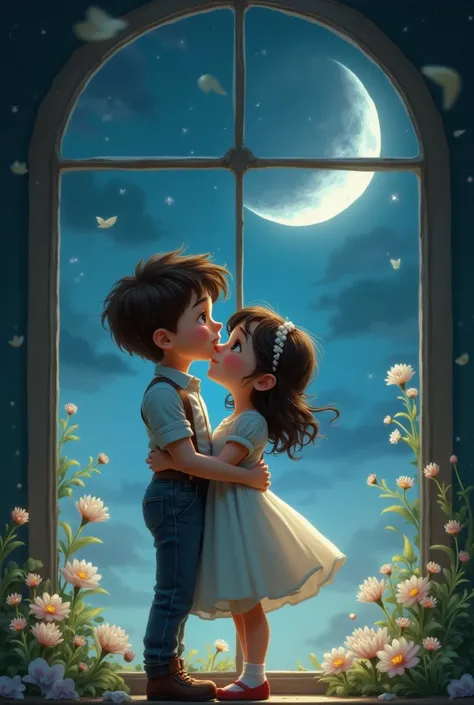 A boy and a girl hug look at the moon, the girl at the top and look at the window and the boy at  down  and look at the window 