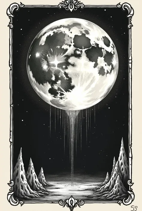 Illustration of the Marseille Moon tarot card that looks like it was handmade with a black line