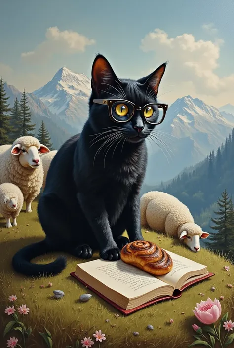 Oil painting black cat with glasses on a mountain with sheep writing a book with a thermomix in the background while drinking tea and eating cinnamon rolls
