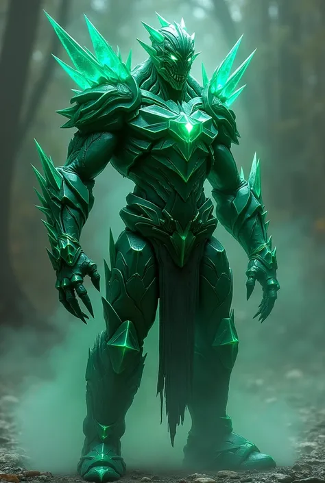 A villains armor made of green, pointed crystals