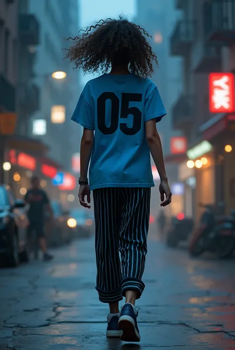 Back view girl curly freez hair and  05 number blue big T shirt and shee wears Black white 
stripe trouser  and jordan dark blue and black colour shoes walk on street at night
