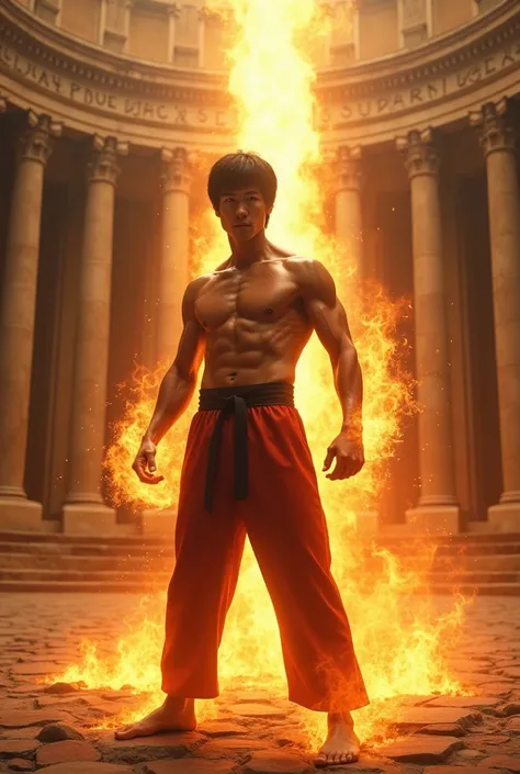 Bruce Lee in a divine Colosseum ,  with an aura of fire surrounding him.