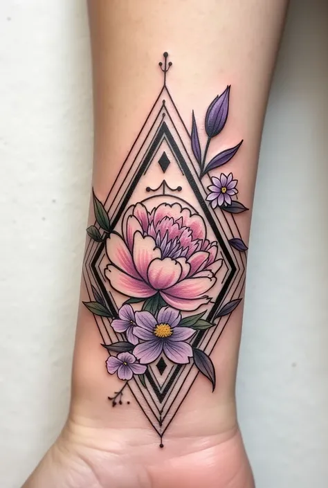 Tatouage manchette qui fait le tour du poignet avec de forme géométrique et des fleurs pivoine 
fleur  violette fleur aster fleur Narcisse couleur noir et blanc 
