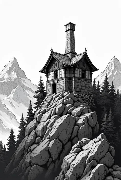 In the 2D comic book style in black and white make an old stone chalet with a chimney on top of a mountain