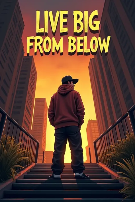  Cover design for an urban musical album  (trap and rap ),  entitled “LIVE BIG ,  FROM BELOW” .  Art must reflect overcoming and motivation .  Includes an urban landscape at dusk , } with a skyscraper and a symbolic staircase that connects the ground to th...