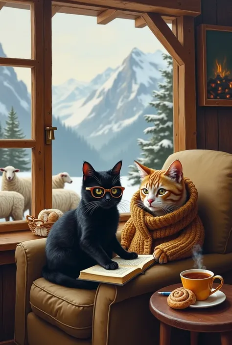 Oil painting black cat with glasses in a mountain house with sheep and a shepherd cat writing a book while drinking tea and eating cinnamon rolls