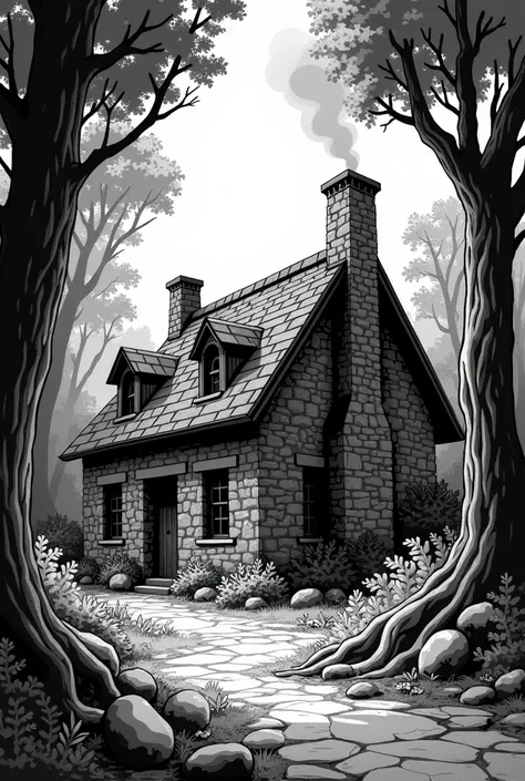 In the comic book style in 2D in black and white make an old stone cottage with a chimney in a forest