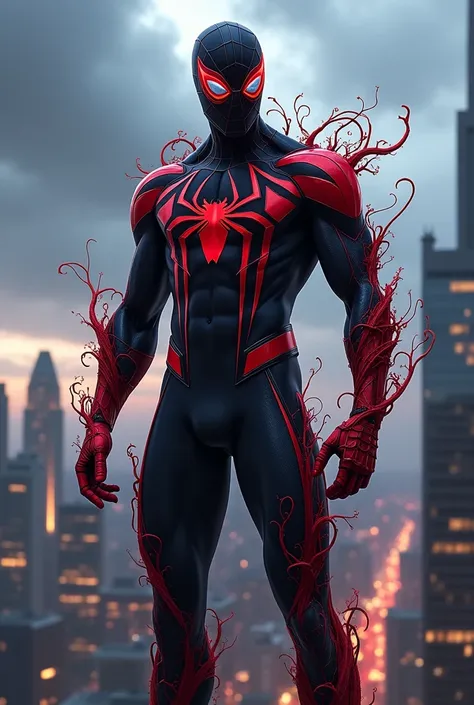 image of miles morales spiderman wearing carnage combined with anti-venom 