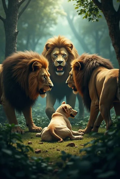 Three ferocious lions surrounded a normal, dead-end dog in the forest 