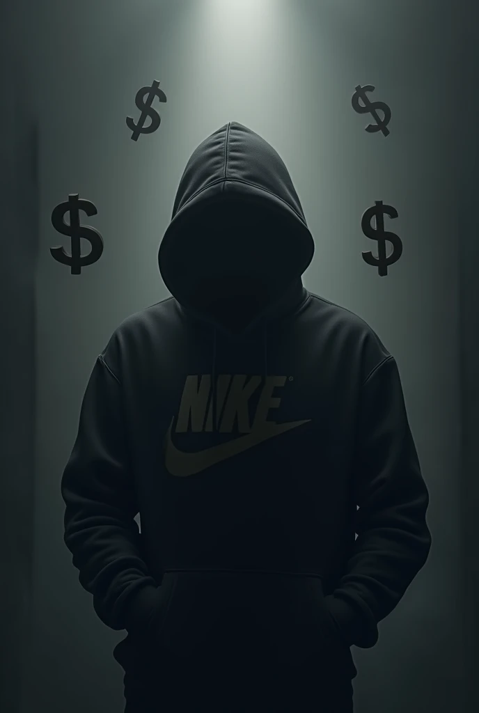 Create the silence man with a Nike hoodie with money balls dollars that represents making money in dark silence